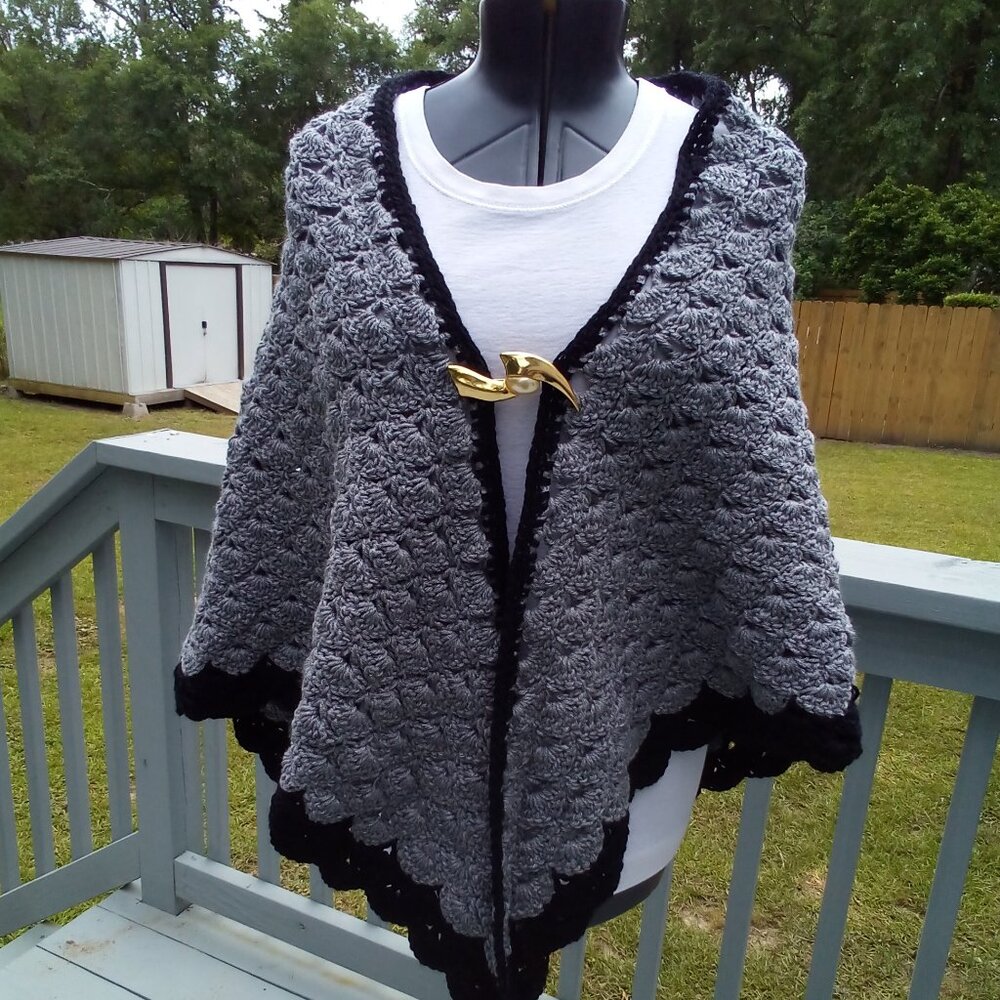 Hand crafted Crochet shawl, Color Gary and black, one size fit most.